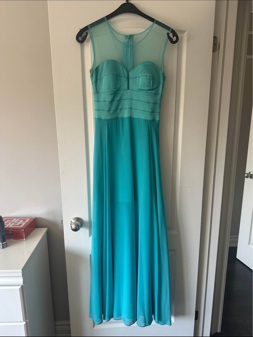 Sleeveless Teal Mesh Bodice Maxi Dress